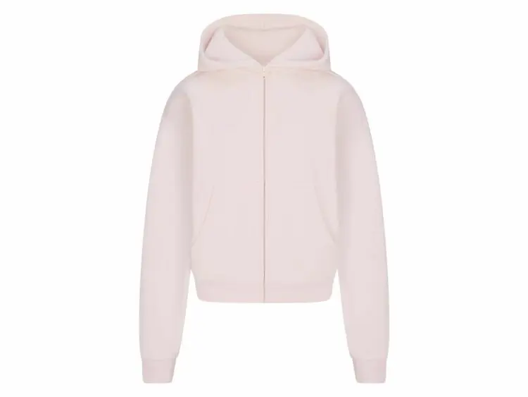 skims cotton fleece classic zip up hoodie barely pink