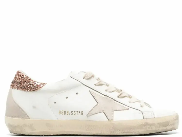 golden goose super star suede star peach pink glitter heel tab