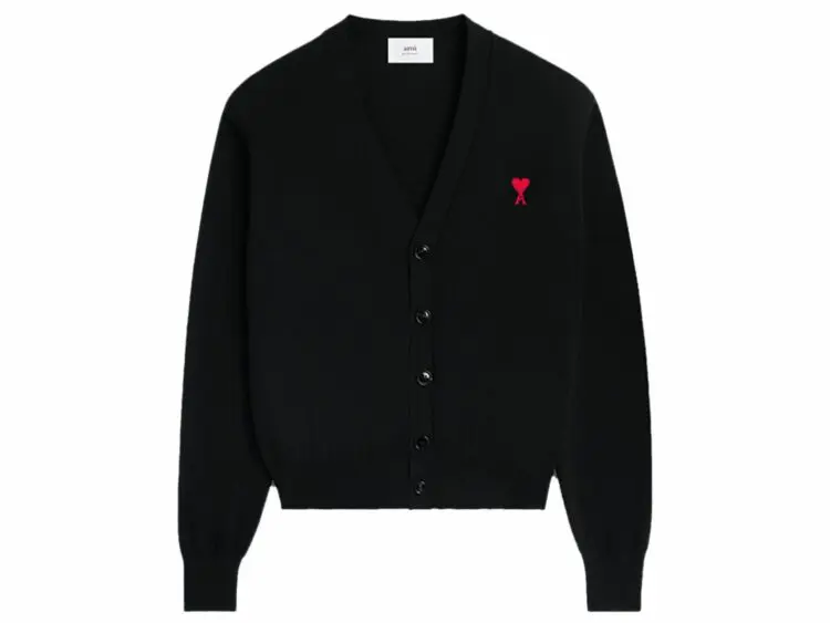 ami paris logo embroidered wool cardigan black