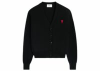 Ami Paris Logo Embroidered Wool Cardigan Black