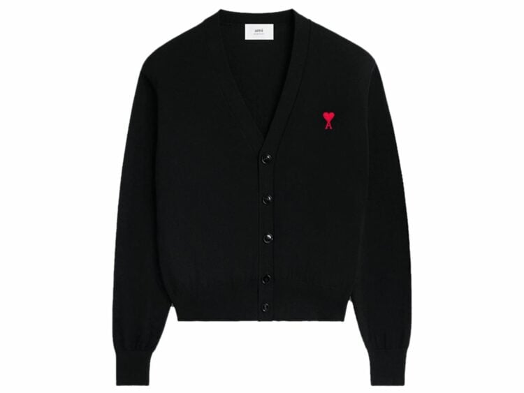 ami paris logo embroidered wool cardigan black