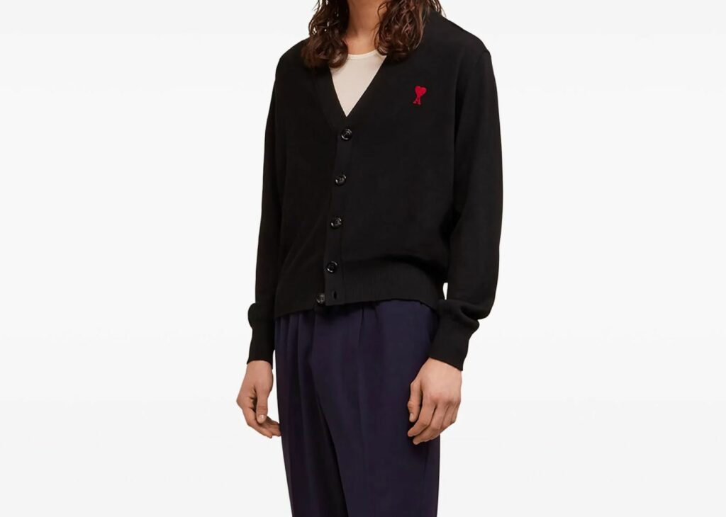 Ami Paris Logo Embroidered Wool Cardigan Black - AMI-CRD-BLK-WOL