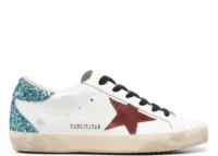 Golden Goose Super-Star White Leather Burgundy Star Blue Glitter Heel (W)