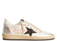 Golden Goose Ball-Star White Mesh Silver Insert Black Glitter Star Glossy Heel (W)
