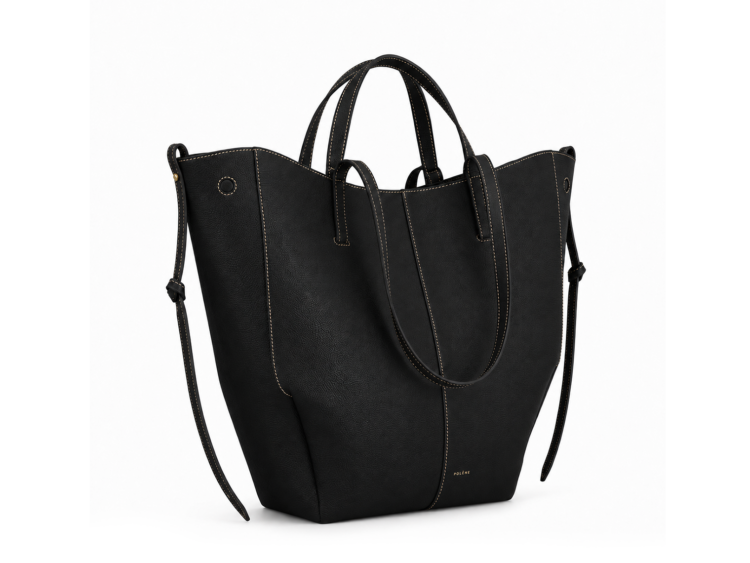 Polène Cyme Tote Edition Textured Black with Ecru Stitching
