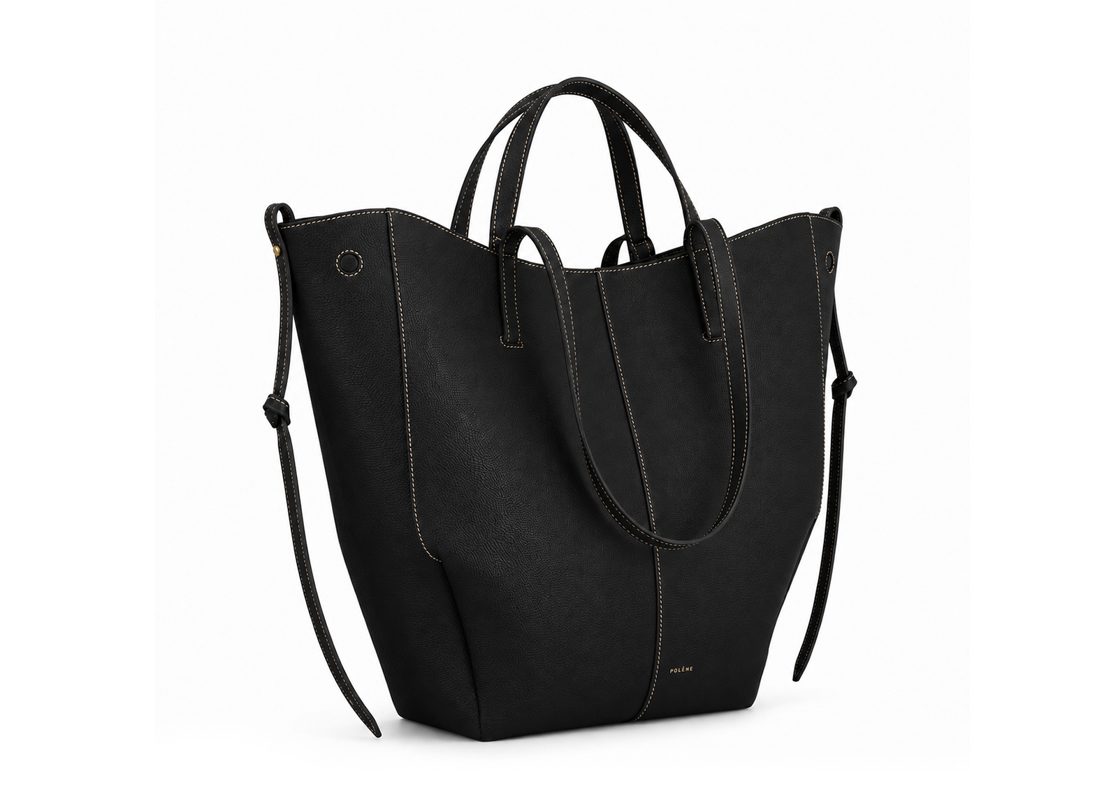 Polène Cyme Tote Edition Textured Black with Ecru Stitching