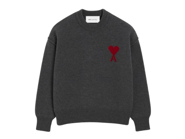 ami paris ami de coeur contrasted crewneck merino wool sweater grey red 1 1