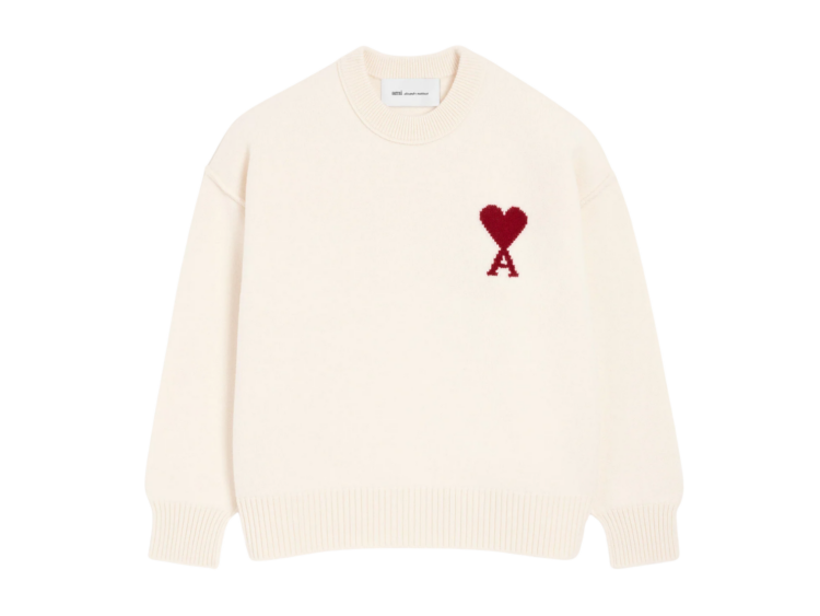 ami paris ami de coeur contrasted crewneck merino wool sweater white red 1 1
