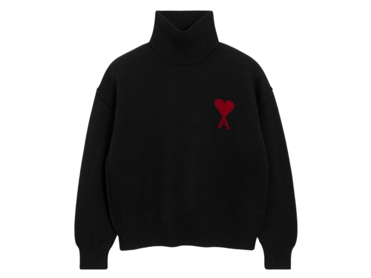 ami paris ami de coeur contrasted funnel neck merino wool sweater black 1 1