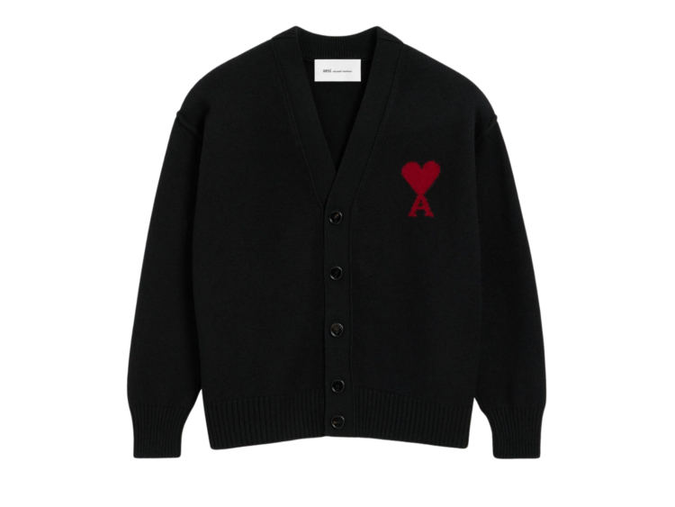 ami paris ami de coeur contrasted merino wool cardigan black red 1 1