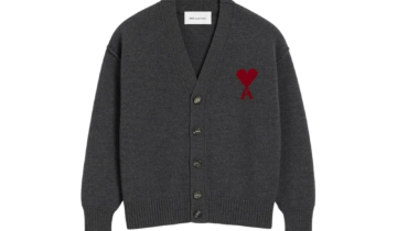 Ami Paris Ami De Coeur Contrasted Merino Wool Cardigan Grey Red