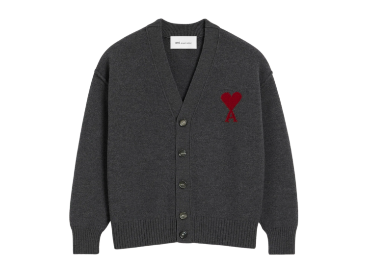 ami paris ami de coeur contrasted merino wool cardigan grey red 1 1