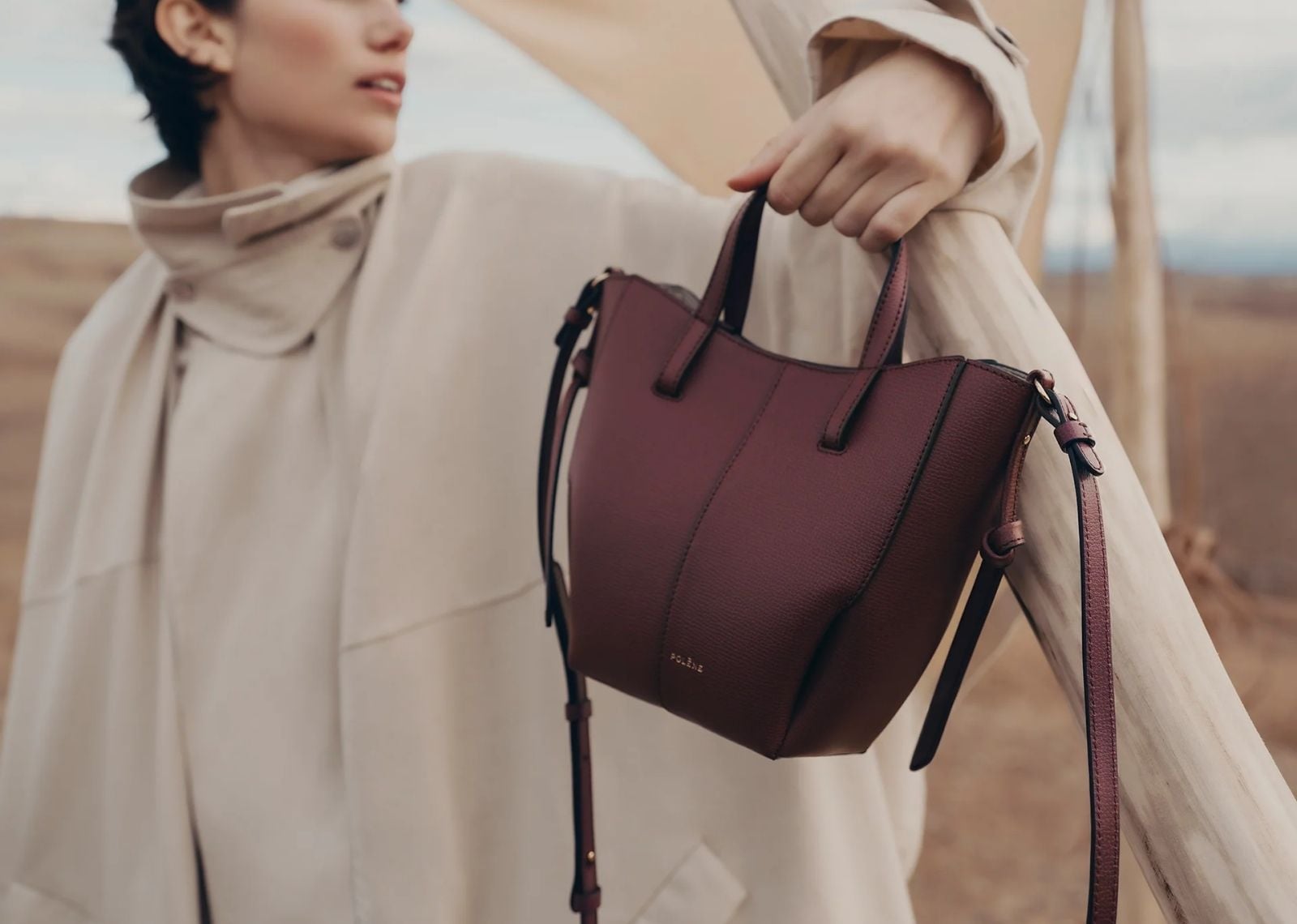 polene cyme tote nano edition textured black cherry 3 1