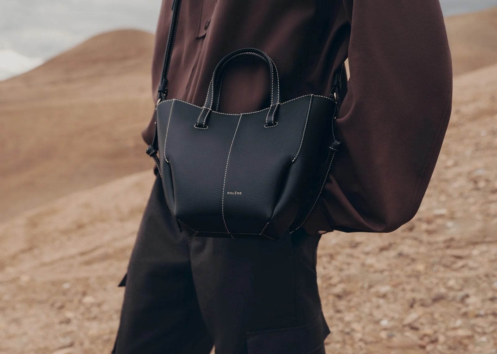 polene cyme tote nano edition textured black with ecru stitching 2 1