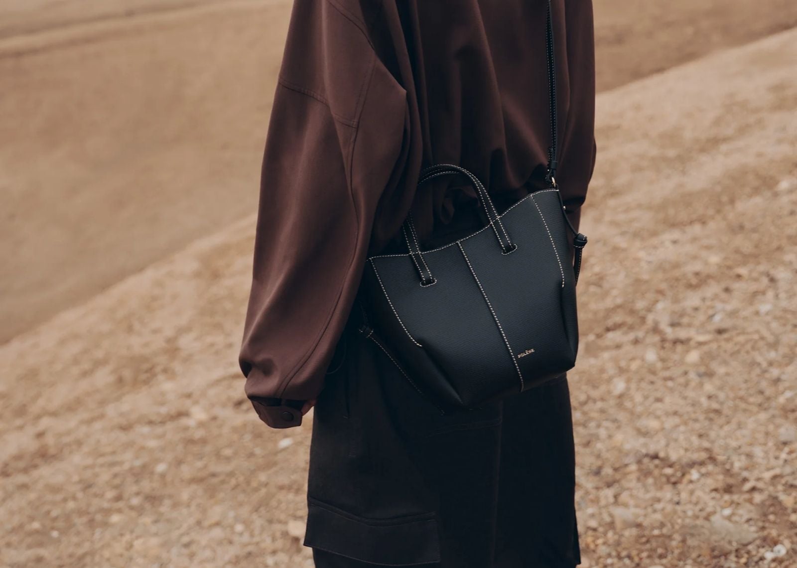 polene cyme tote nano edition textured black with ecru stitching 3 1