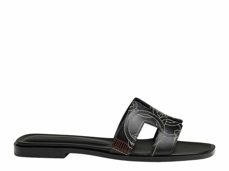hermes oran sandal noir box calfskin with panoplie equestre embroidery 1 1