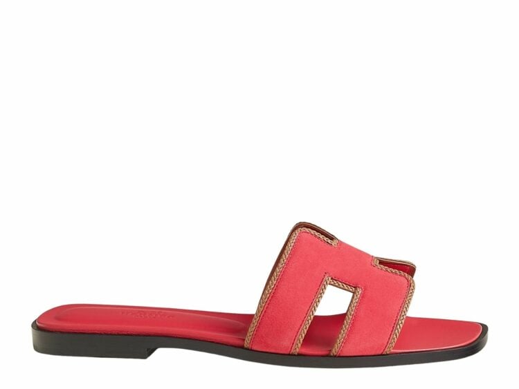 hermes oran sandal rose grenade box woven suede and nappa leather 1 1