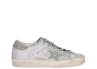 Golden Goose Super-Star Gray White Glitter Ice Gray Leather Star Gray Suede Heel Tab (W)