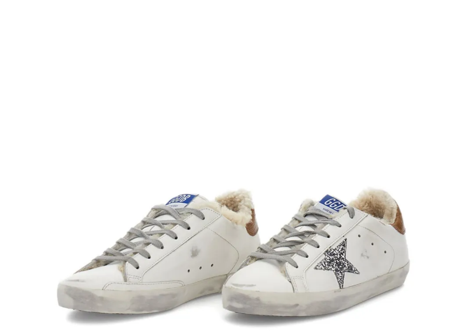 golden goose super star shearling silver glitter star ice gray heel tab w 2 1