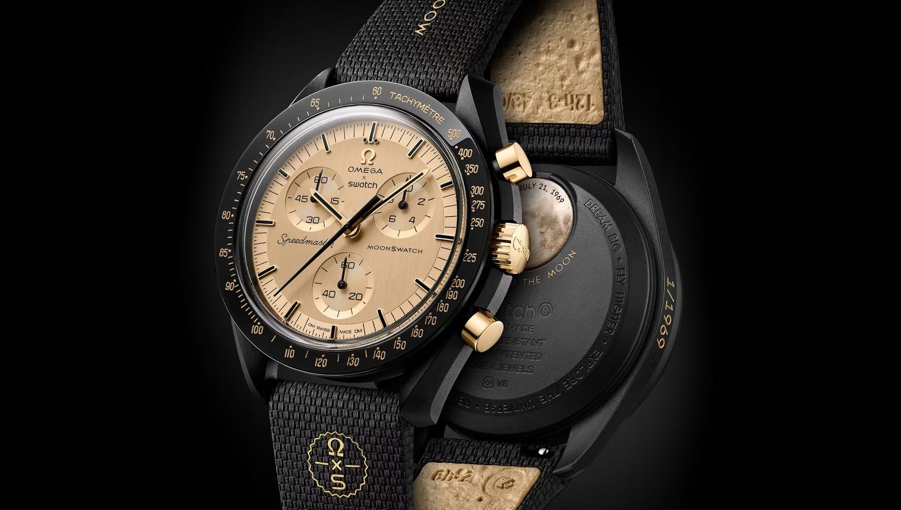 Swatch x Omega MoonSwatch Mission to the Moon 1969 ön ve arka görünüm