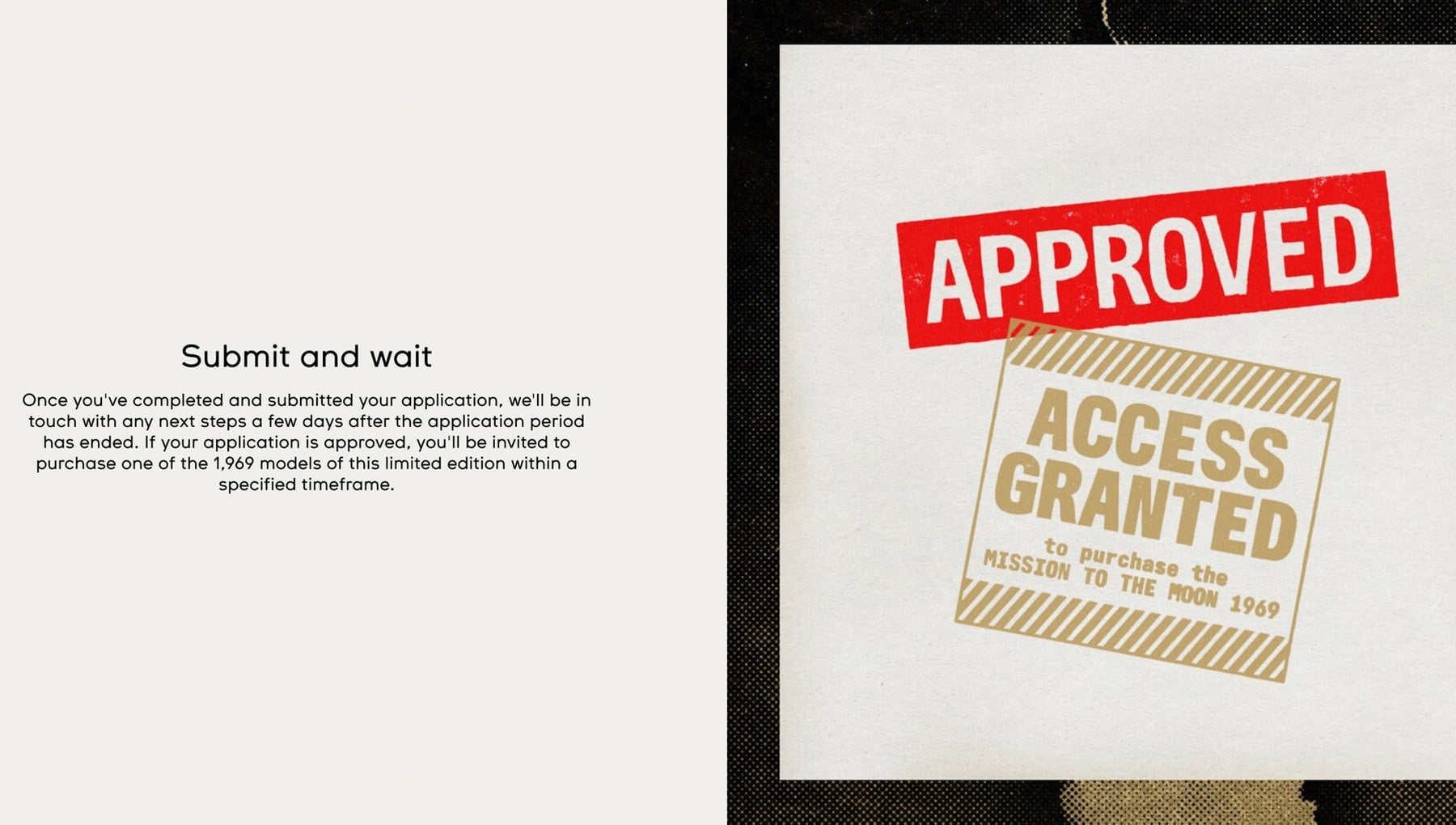 Swatch ESTA onay ekranı Approved Access Granted Mission to the Moon 1969