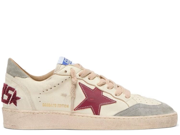 Golden Goose Ball-Star LTD Cream Nappa Burgundy Star Silver Suede Heel Tab (W)