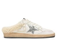 Golden Goose Ball-Star Sabot White Leather Silver Glitter Star Shearling Lining (W)