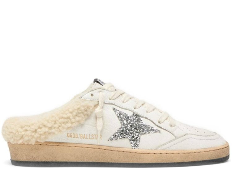 Golden Goose Ball-Star Sabot White Leather Silver Glitter Star Shearling Lining (W)