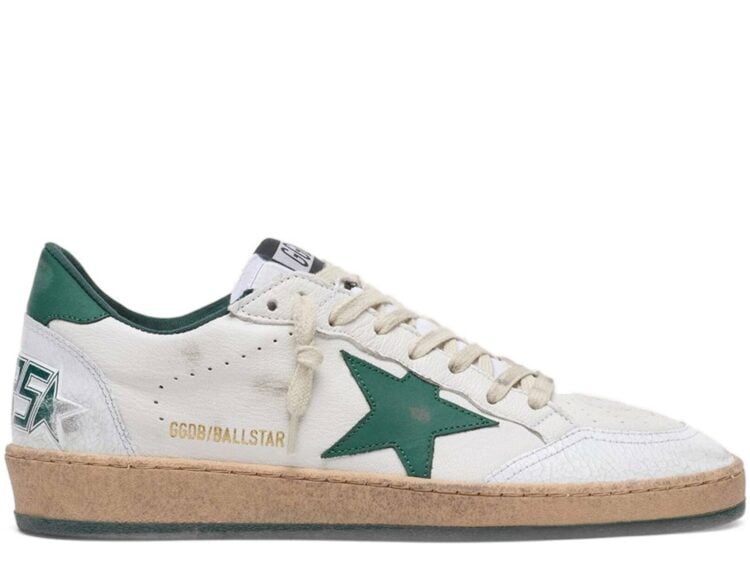Golden Goose Ball-Star White Nappa Leather Green Leather Star Heel Tab (W)