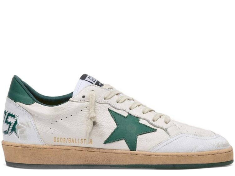Golden Goose Ball-Star White Nappa Leather Green Leather Star Heel Tab
