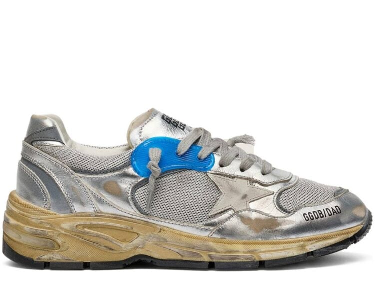 Golden Goose Dad-Star Silver Laminated Leather Mesh White Star Silver Heel Tab (W)