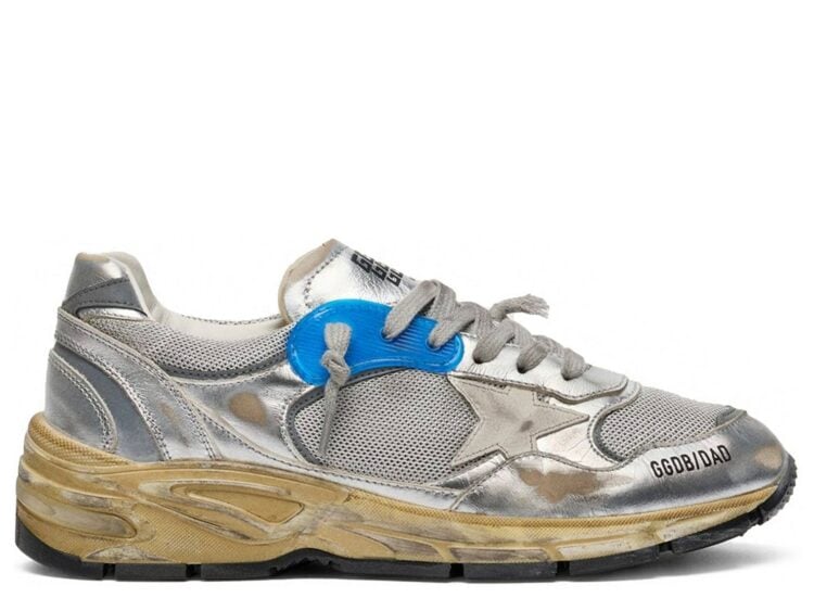 Golden Goose Dad-Star Silver Laminated Leather Mesh White Star Silver Heel Tab