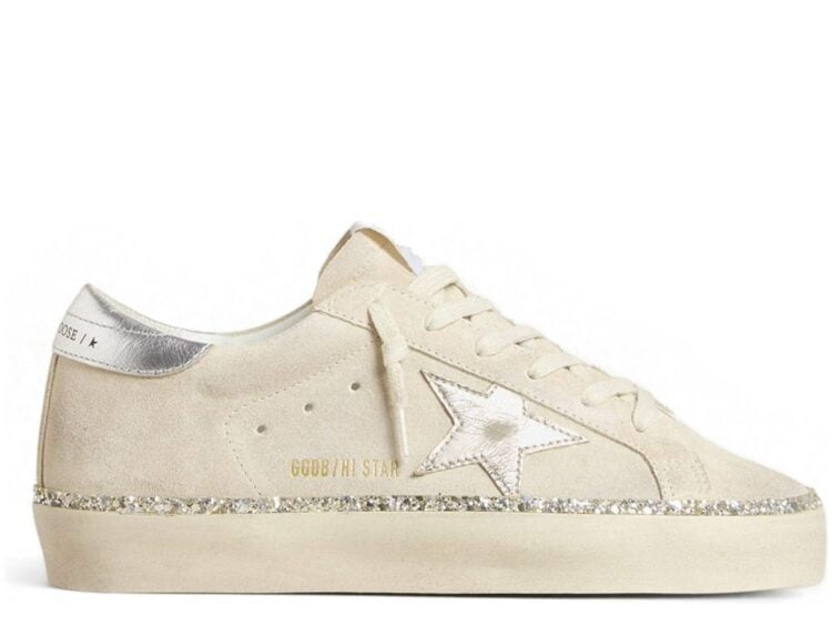 Golden Goose Hi-Star Beige Suede Silver Metallic Star Heel Tab (W)
