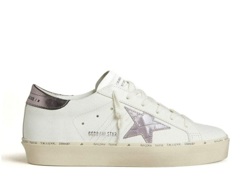 Golden Goose Hi-Star White Leather Lilac Star Silver Heel Tab (W)