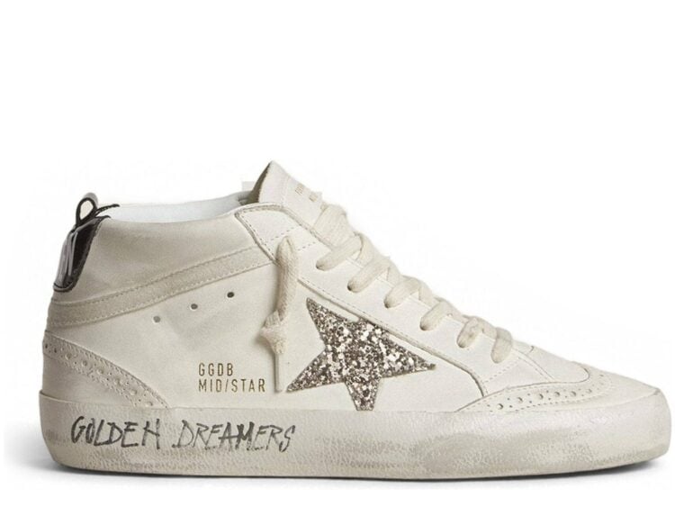 Golden Goose Mid Star Silver Glitter Star Black Laminated Heel Tab (W)