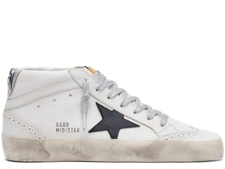Golden Goose Mid Star White Black Star Silver Heel Tab Glitter Laces (W)