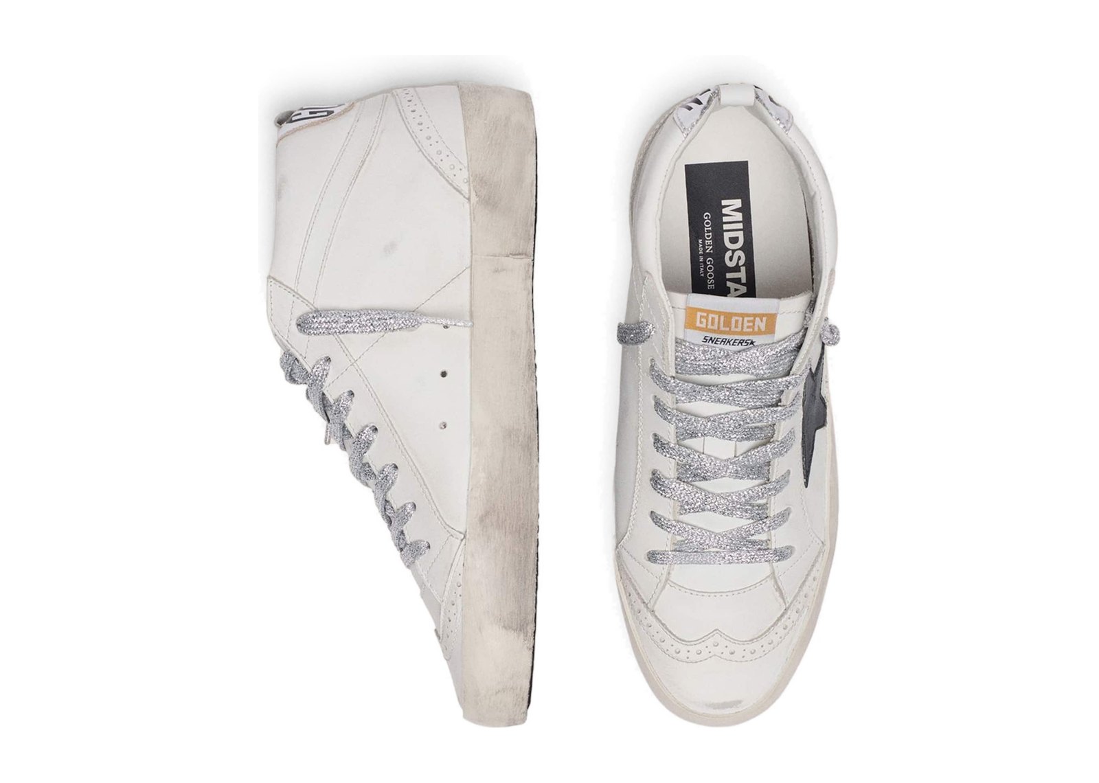 Golden Goose Mid Star White Black Star Silver Heel Tab Glitter Laces (W) - görsel 3