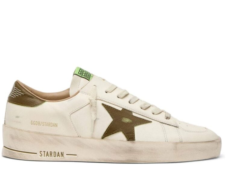 Golden Goose Stardan White Leather Military-Green Snake-Print Leather Star Heel Tab