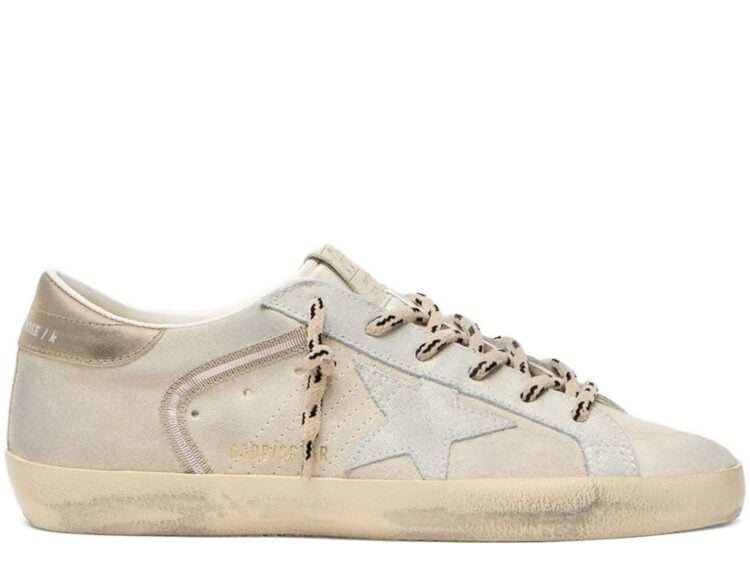 Golden Goose Super-Star Beige Leather Suede Star Platinum Heel Tab (W)