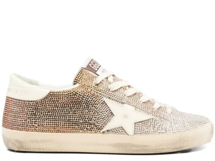 Golden Goose Super-Star Beige Suede Multicolored Crystals Cream Colored Leather Star Heel Tab (W)