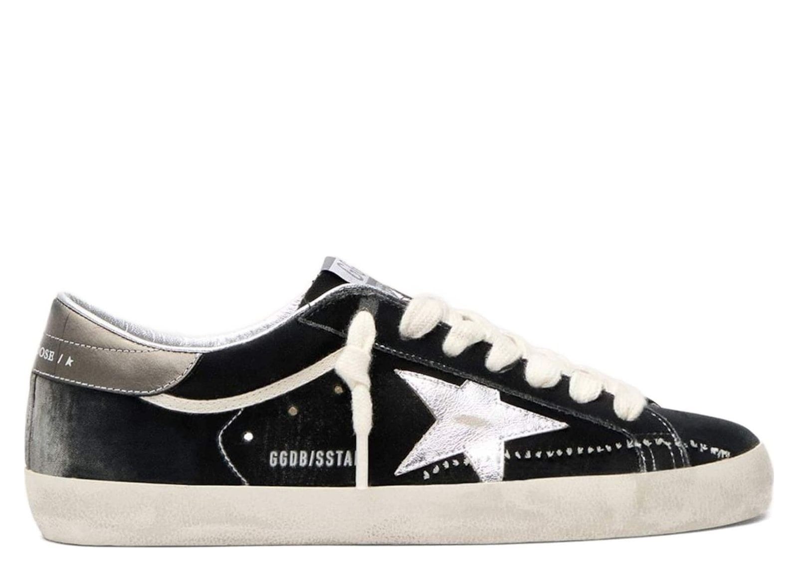 Golden Goose Super-Star Black Leather White Star Silver Heel Tab