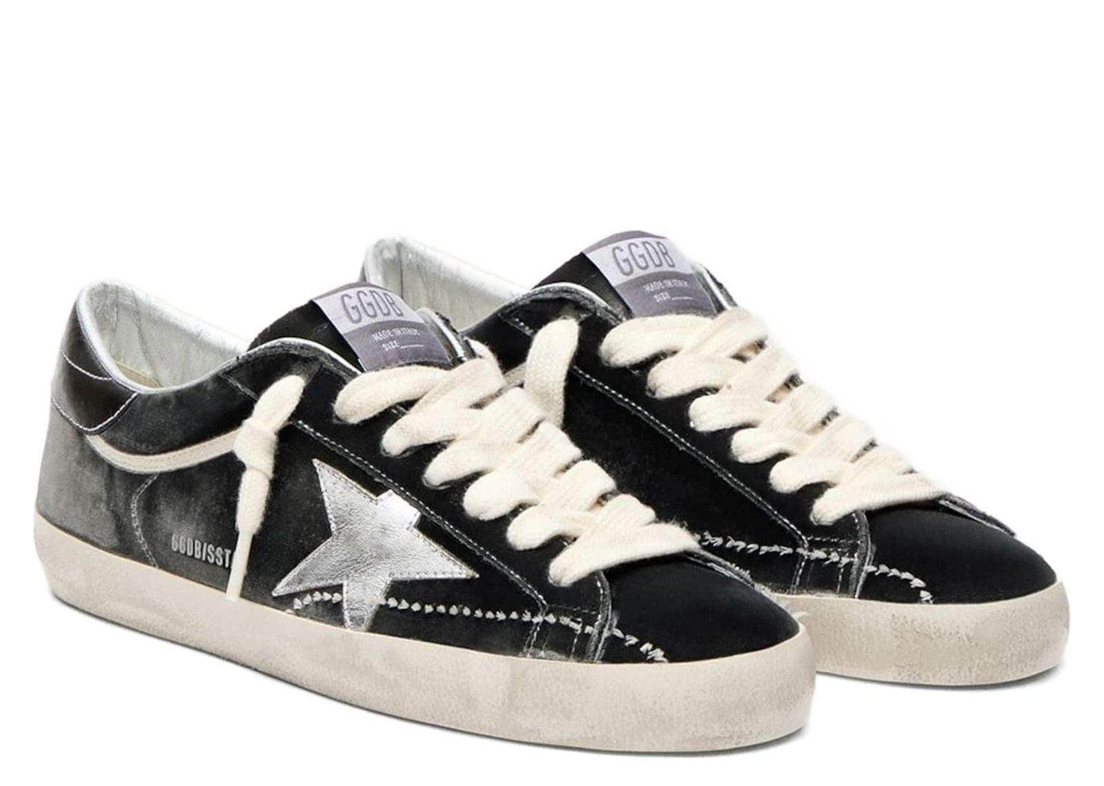 Golden Goose Super-Star Black Leather White Star Silver Heel Tab - görsel 2