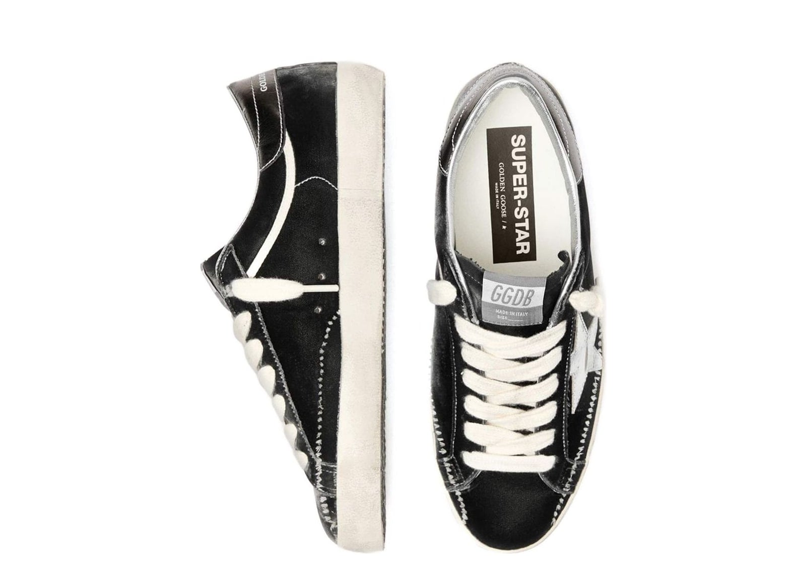 Golden Goose Super-Star Black Leather White Star Silver Heel Tab - görsel 3