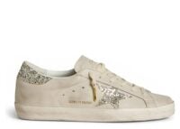 Golden Goose Super-Star Ivory Nappa Leather Platinum Glitter Star Heel Tab (W)