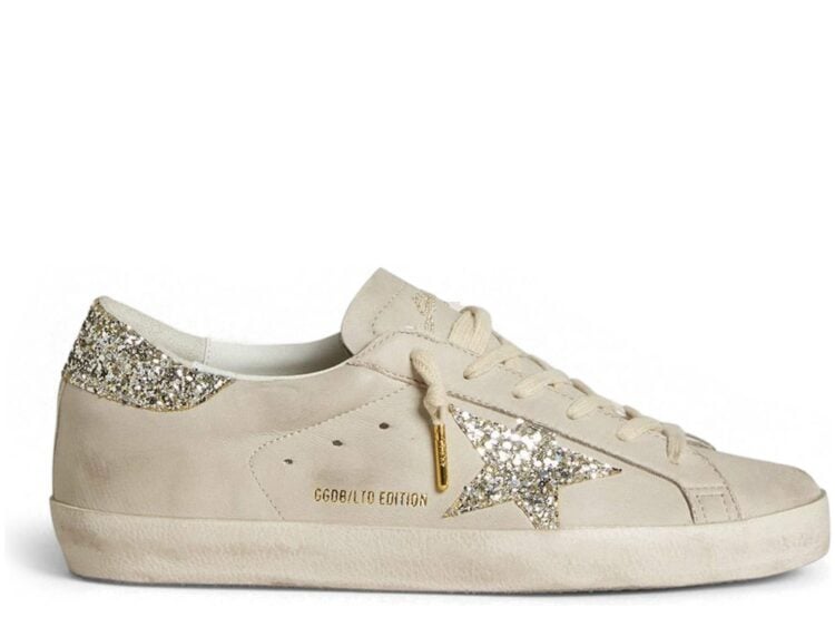 Golden Goose Super-Star Ivory Nappa Leather Platinum Glitter Star Heel Tab (W)
