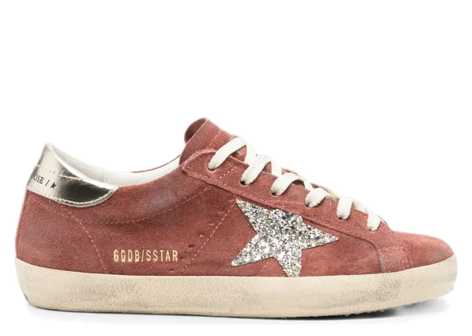 Golden Goose Super-Star LTD Red Suede Silver Glitter Star Laminated Leather Heel Tab (W)
