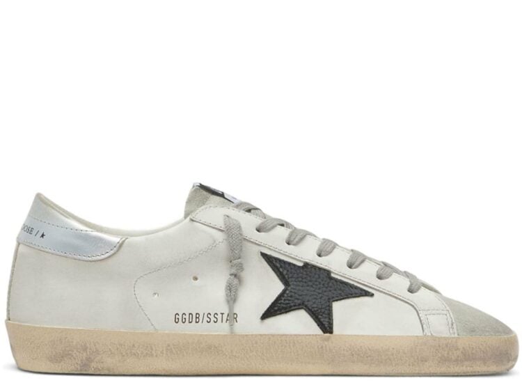Golden Goose Super-Star White Leather Black Nubuck Star Silver Metallic Leather Heel Tab (M)