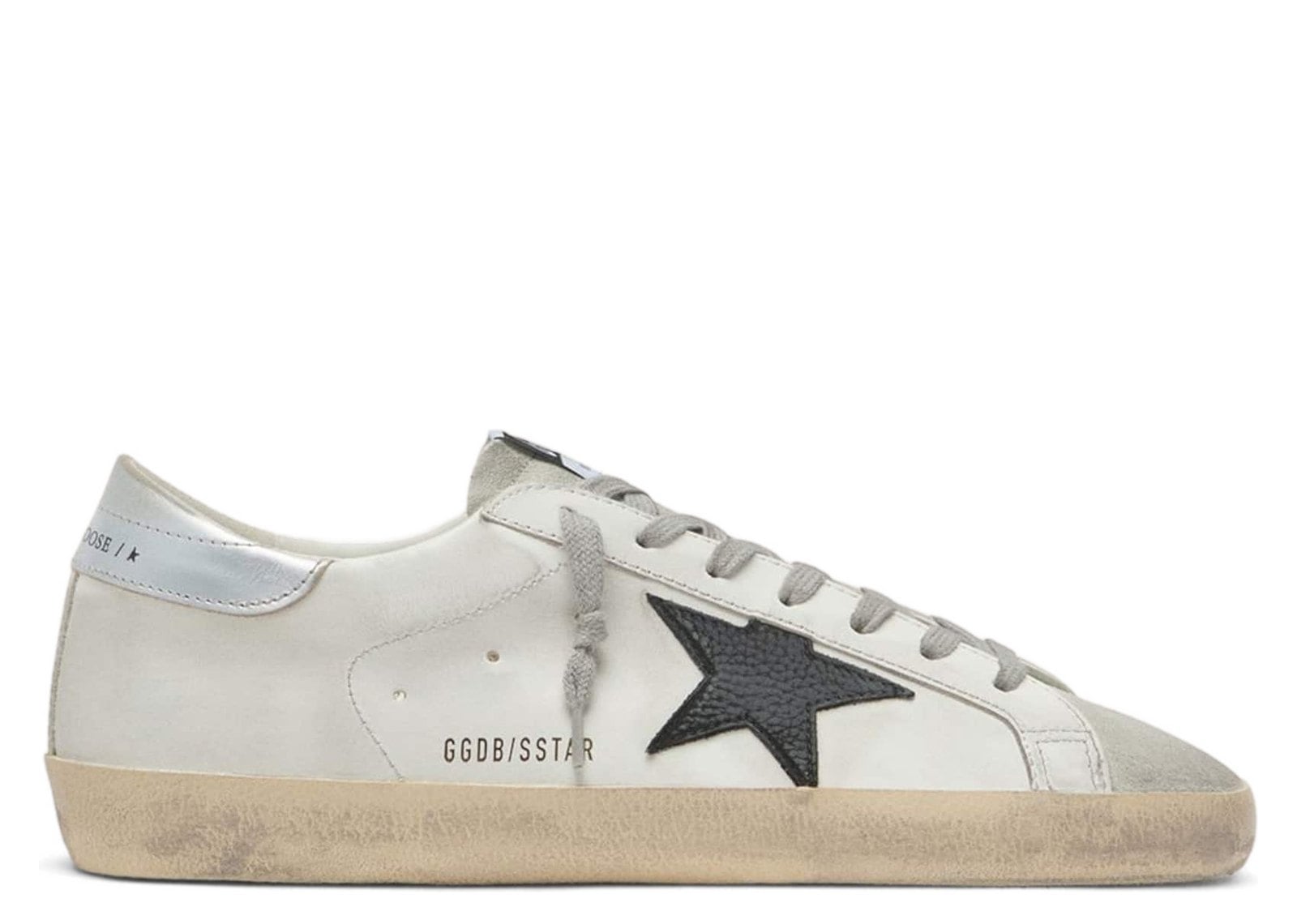 Golden Goose Super-Star White Leather Black Nubuck Star Silver Metallic Leather Heel Tab (M)