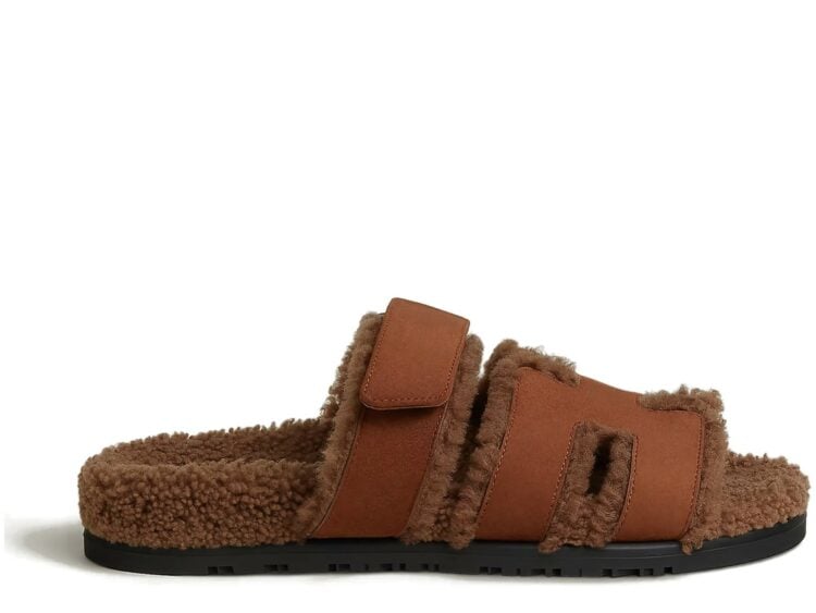 Hermes Chypre Sandal Gold Suede Goatskin And Shearling