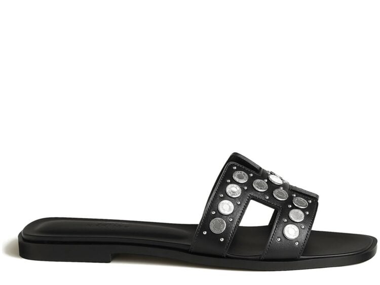Hermes Oran Sandal Noir Box Suede Goatskin With Clou De Selle Studs